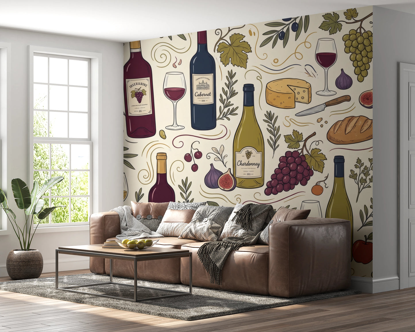 Rustic Vineyard Wine and Cheese Culinary Pattern Wall Mural