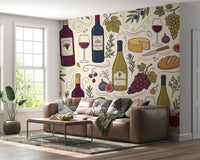 Rustic Vineyard Wine and Cheese Culinary Pattern Wall Mural
