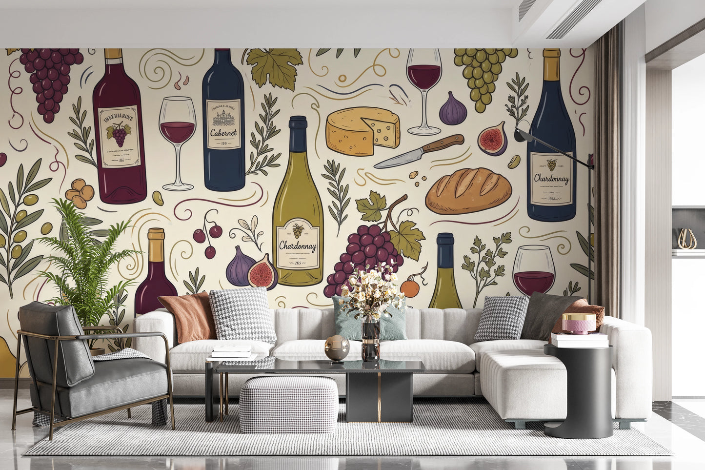 Rustic Vineyard Wine and Cheese Culinary Pattern Wall Mural