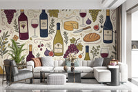Rustic Vineyard Wine and Cheese Culinary Pattern Wall Mural