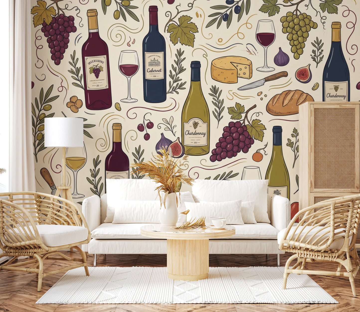 Rustic Vineyard Wine and Cheese Culinary Pattern Wall Mural