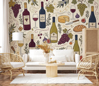 Rustic Vineyard Wine and Cheese Culinary Pattern Wall Mural
