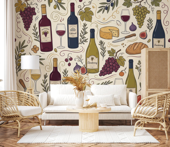 Rustic Vineyard Wine and Cheese Culinary Pattern Wall Mural
