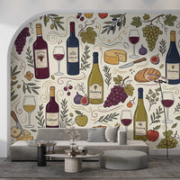 Rustic Vineyard Wine and Cheese Culinary Pattern Wall Mural