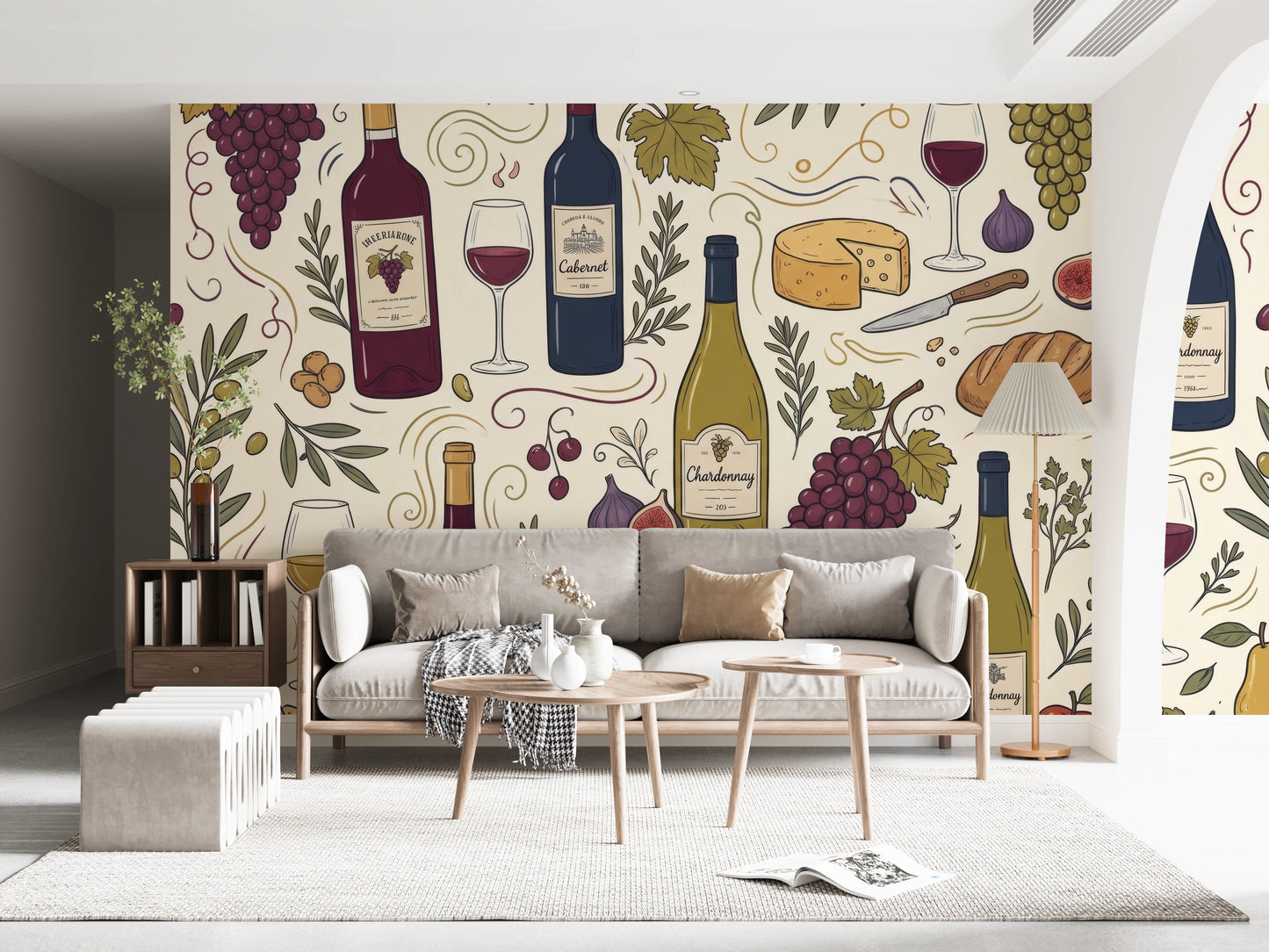 Rustic Vineyard Wine and Cheese Culinary Pattern Wall Mural