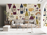 Rustic Vineyard Wine and Cheese Culinary Pattern Wall Mural