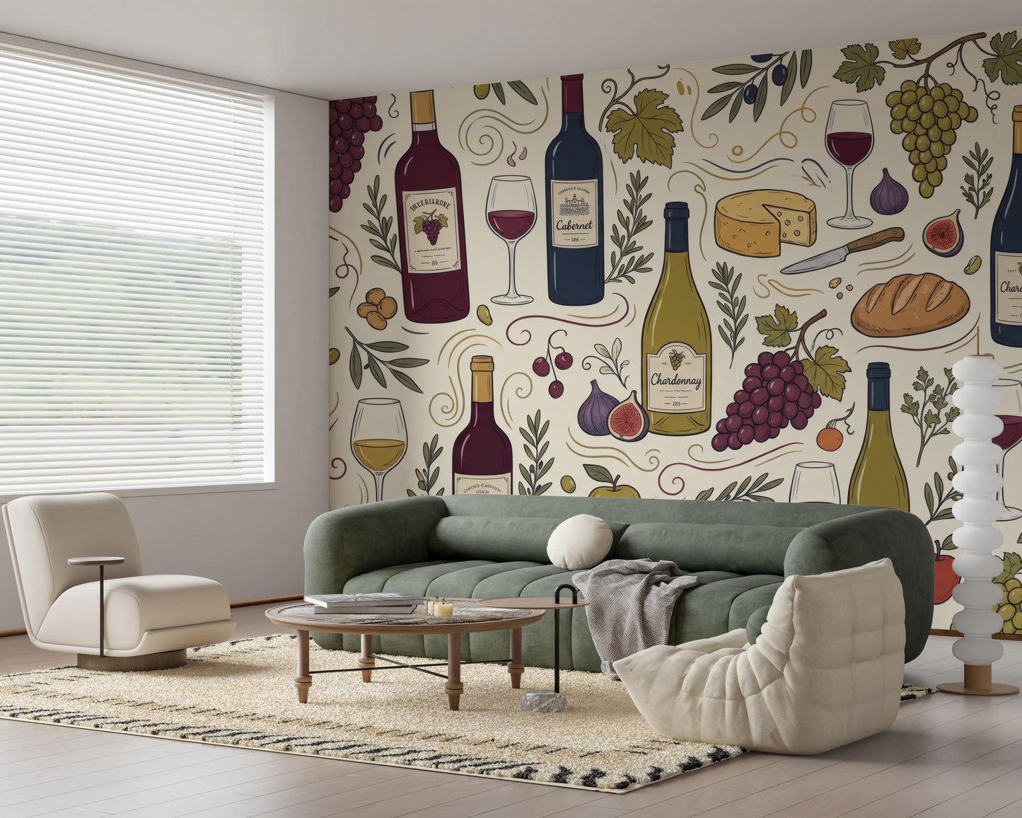 Rustic Vineyard Wine and Cheese Culinary Pattern Wall Mural