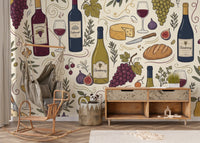Rustic Vineyard Wine and Cheese Culinary Pattern Wall Mural
