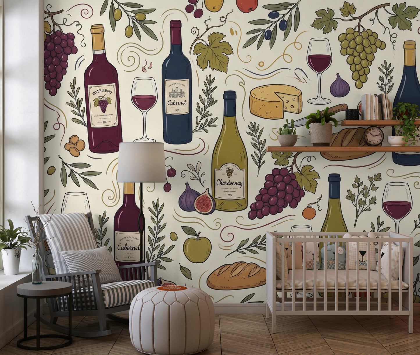 Rustic Vineyard Wine and Cheese Culinary Pattern Wall Mural