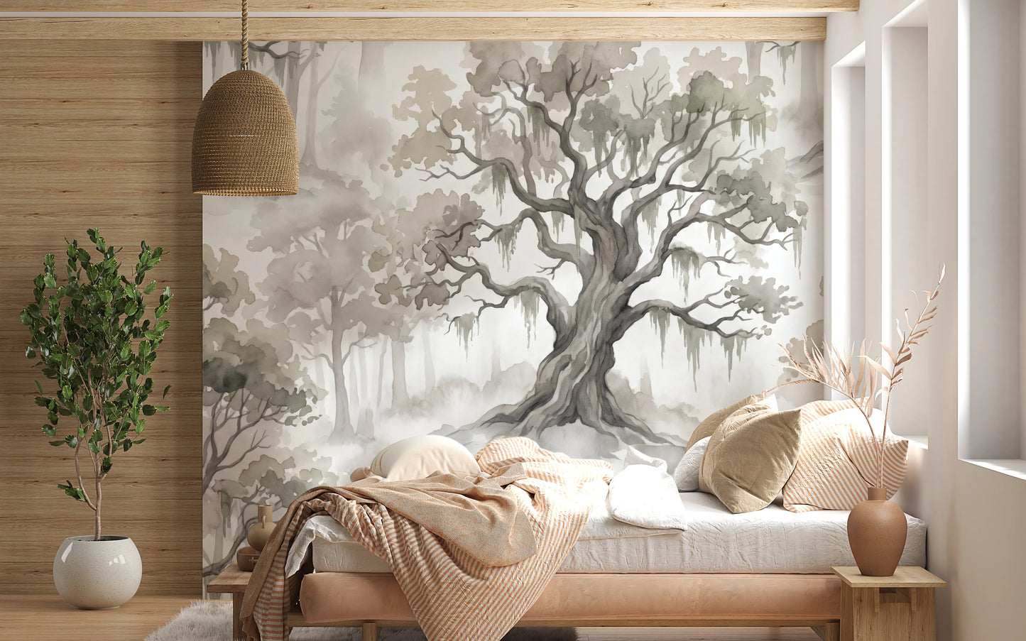 Misty Forest Watercolor Tree Mural Wall Mural