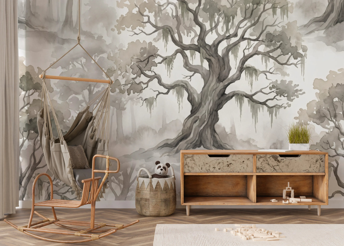 Misty Forest Watercolor Tree Mural Wall Mural
