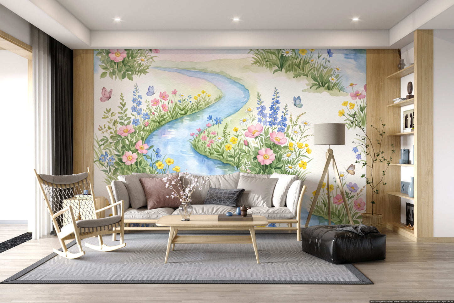 Serene Watercolor Riverside Wildflower Meadow Wall Mural