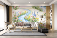 Serene Watercolor Riverside Wildflower Meadow Wall Mural