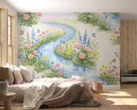 Serene Watercolor Riverside Wildflower Meadow Wall Mural