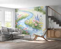 Serene Watercolor Riverside Wildflower Meadow Wall Mural