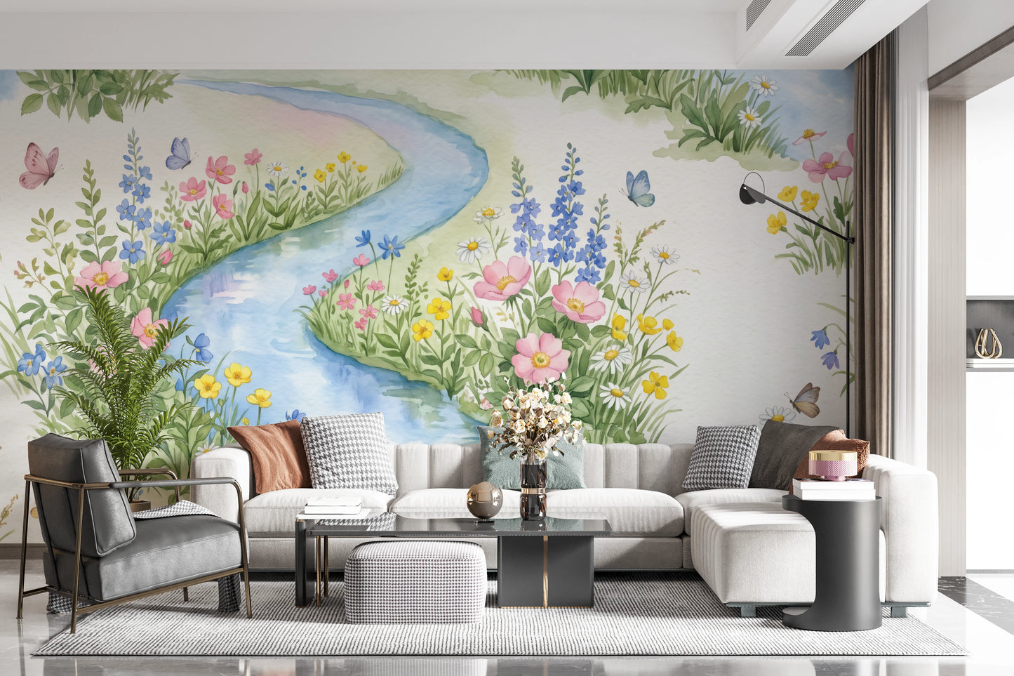 Serene Watercolor Riverside Wildflower Meadow Wall Mural