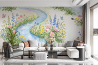 Serene Watercolor Riverside Wildflower Meadow Wall Mural