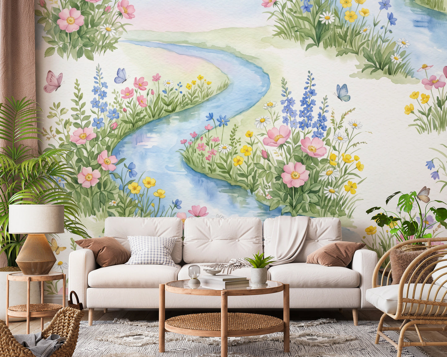 Serene Watercolor Riverside Wildflower Meadow Wall Mural