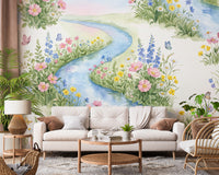 Serene Watercolor Riverside Wildflower Meadow Wall Mural