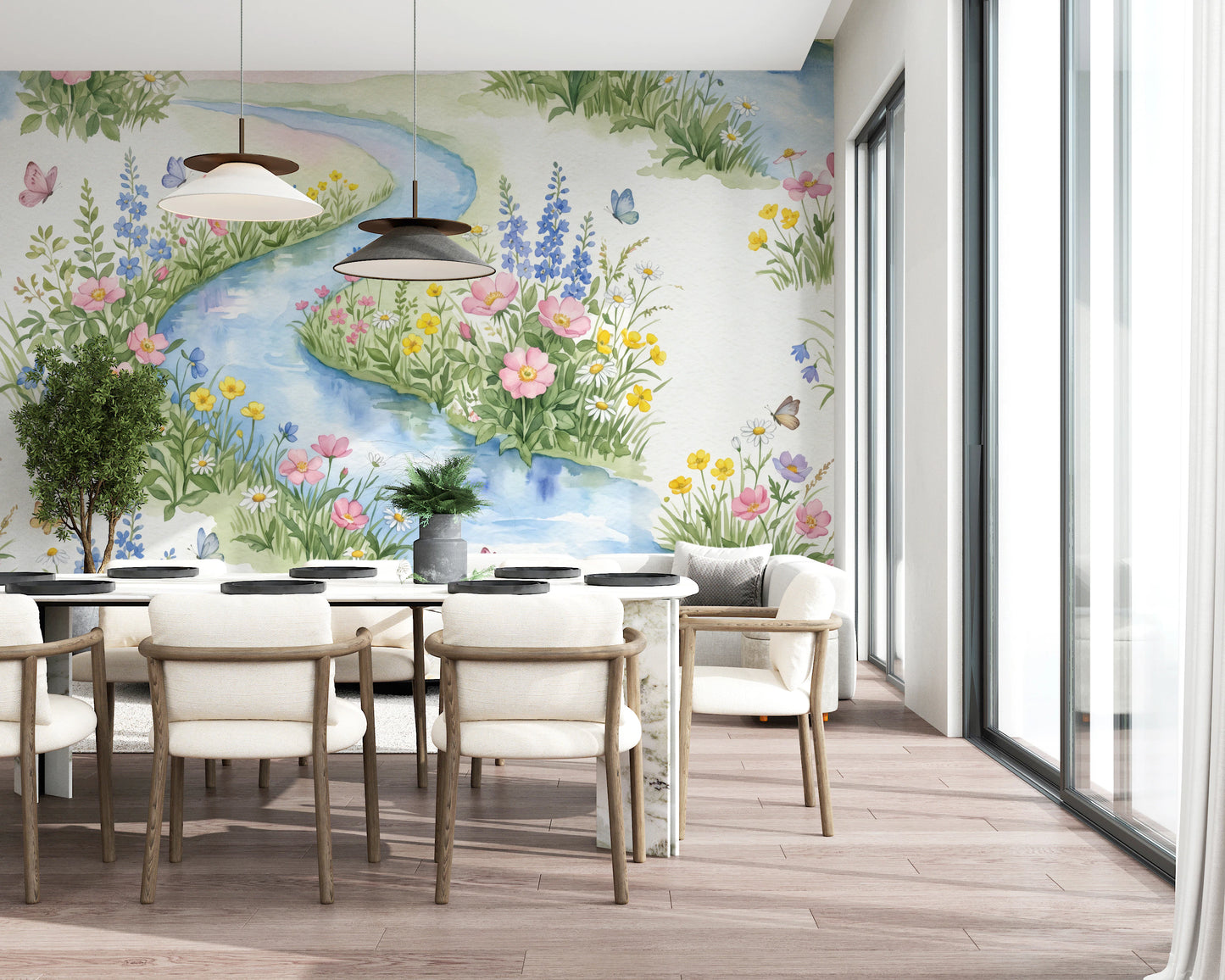 Serene Watercolor Riverside Wildflower Meadow Wall Mural