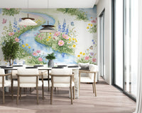 Serene Watercolor Riverside Wildflower Meadow Wall Mural