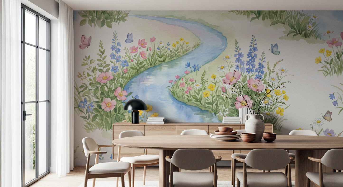 Serene Watercolor Riverside Wildflower Meadow Wall Mural