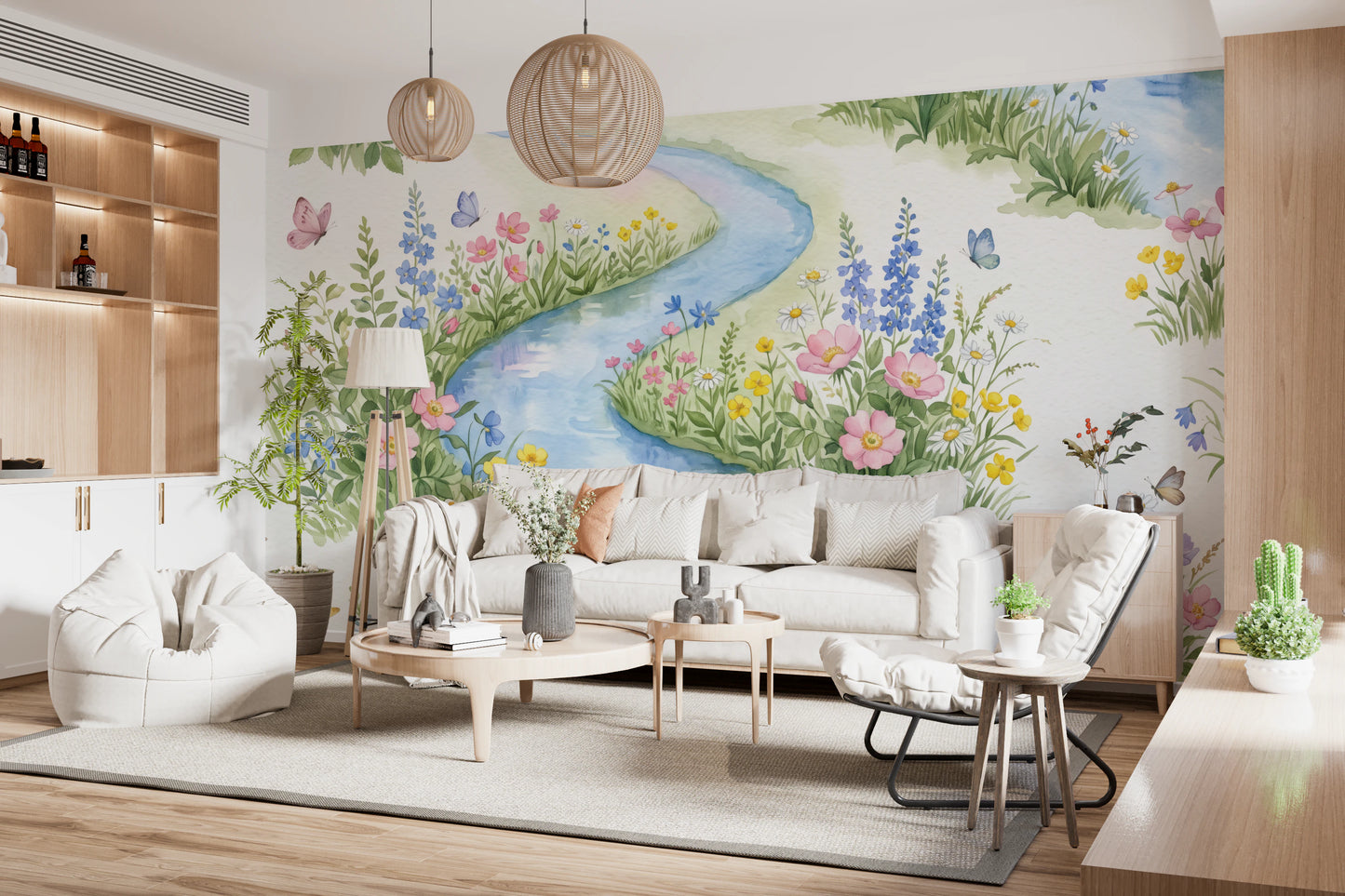 Serene Watercolor Riverside Wildflower Meadow Wall Mural
