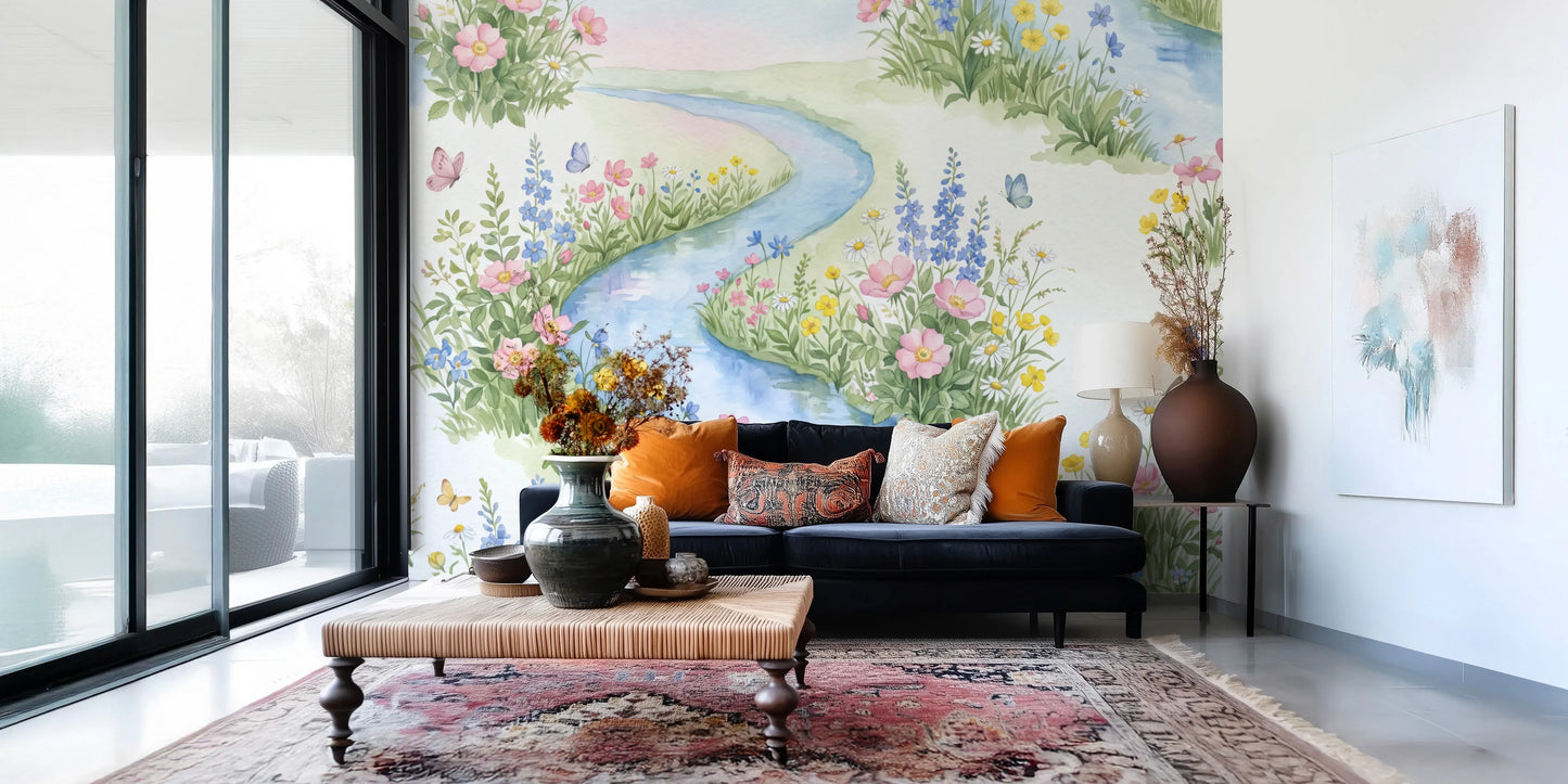 Serene Watercolor Riverside Wildflower Meadow Wall Mural