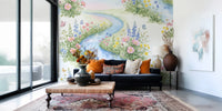 Serene Watercolor Riverside Wildflower Meadow Wall Mural
