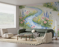 Serene Watercolor Riverside Wildflower Meadow Wall Mural