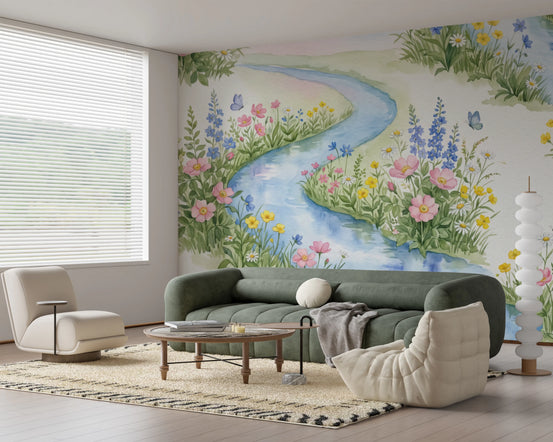 Serene Watercolor Riverside Wildflower Meadow Wall Mural