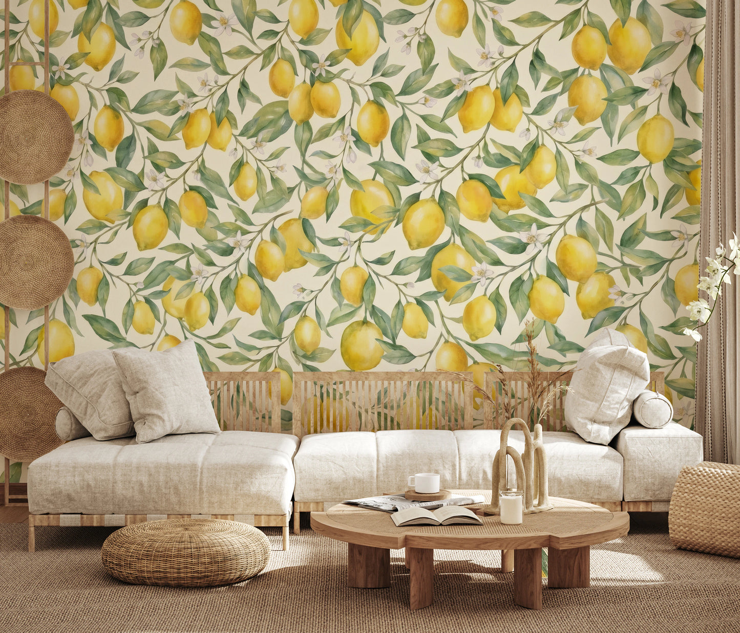 Fresh Mediterranean Lemon Orchard Botanical Print Wall Mural
