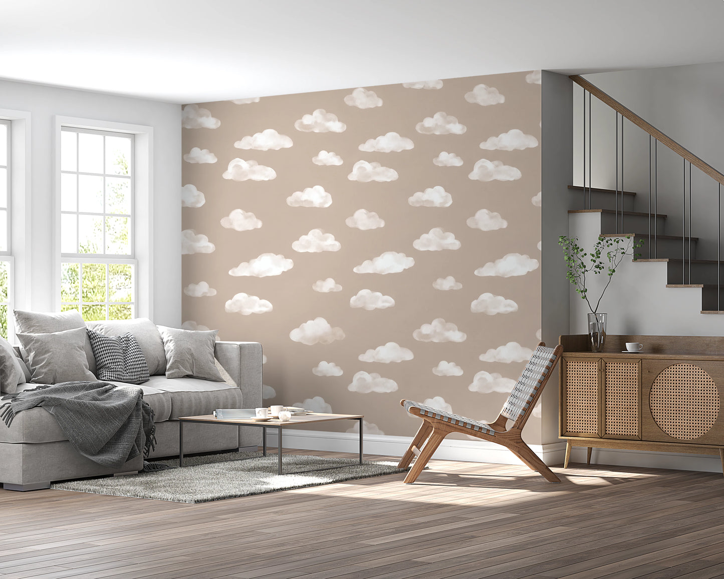 Soft Watercolor Clouds in Neutral Beige Wall Mural