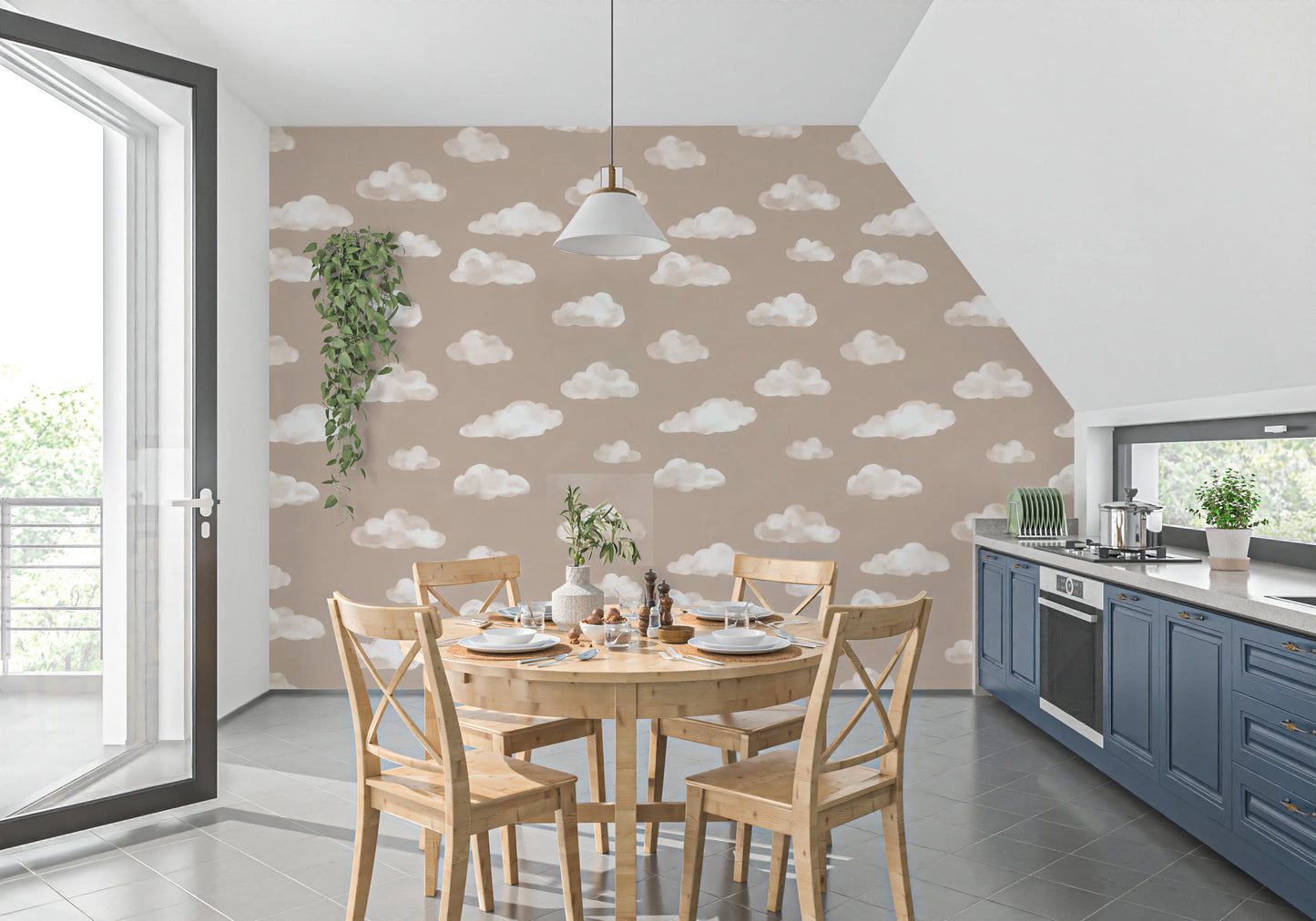 Soft Watercolor Clouds in Neutral Beige Wall Mural