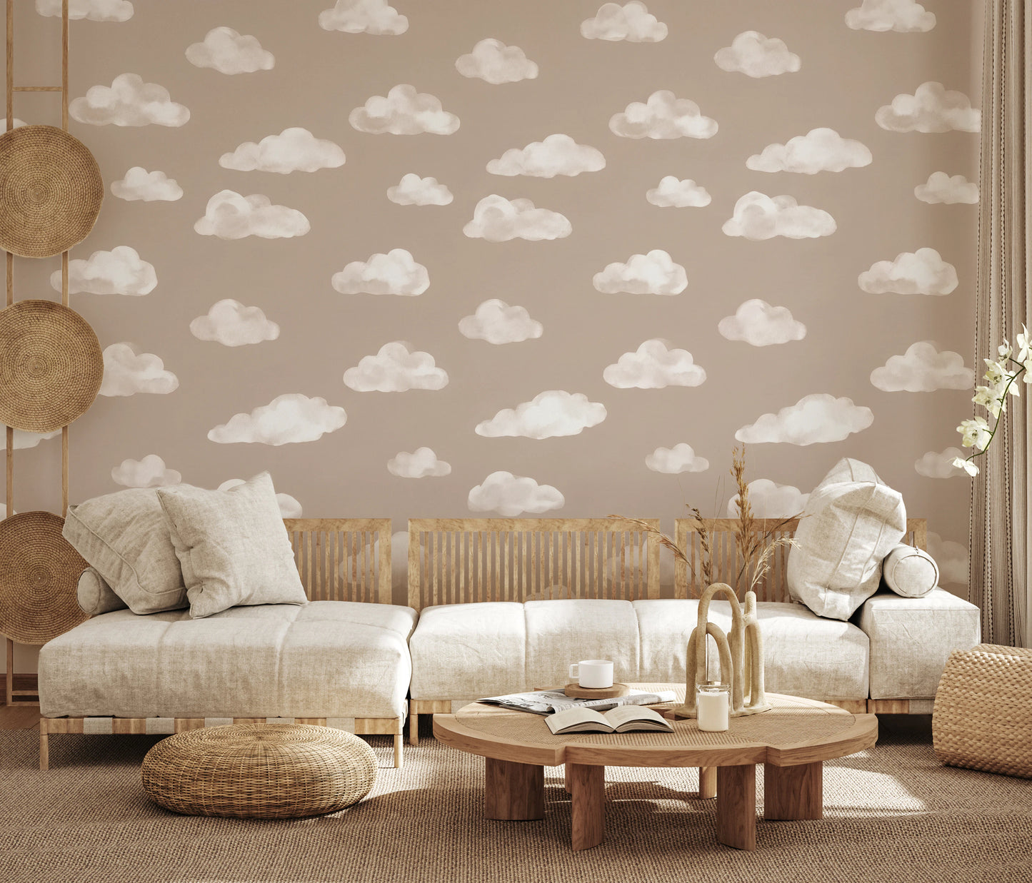 Soft Watercolor Clouds in Neutral Beige Wall Mural