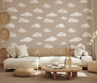 Soft Watercolor Clouds in Neutral Beige Wall Mural
