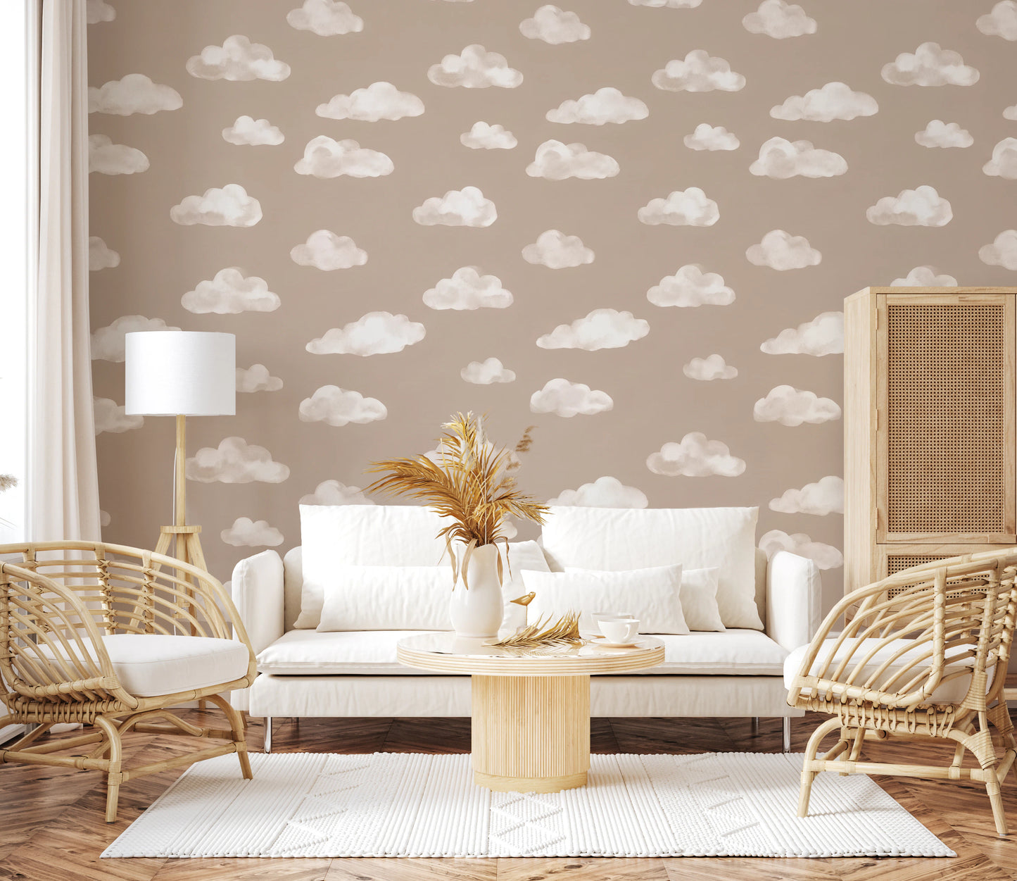 Soft Watercolor Clouds in Neutral Beige Wall Mural