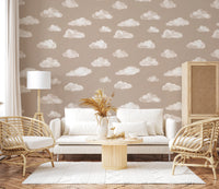Soft Watercolor Clouds in Neutral Beige Wall Mural