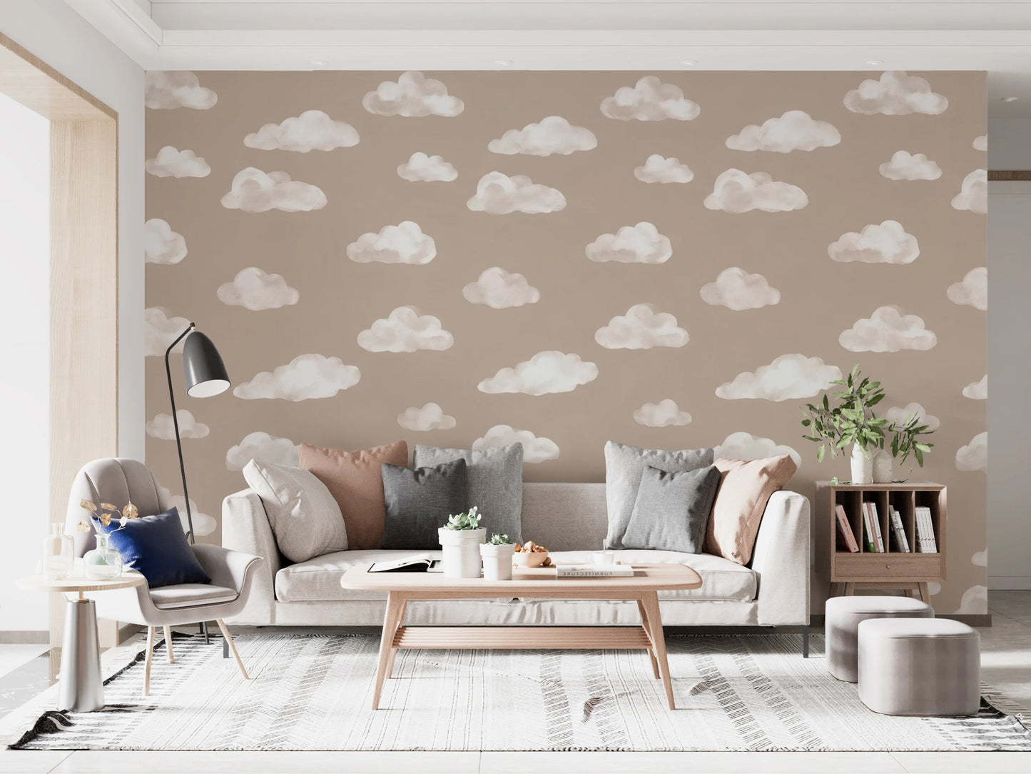 Soft Watercolor Clouds in Neutral Beige Wall Mural