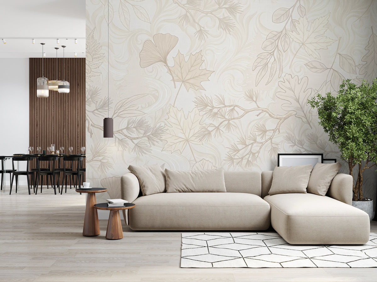Cream botanical mural with ginkgo, maple and oak leaves in living room