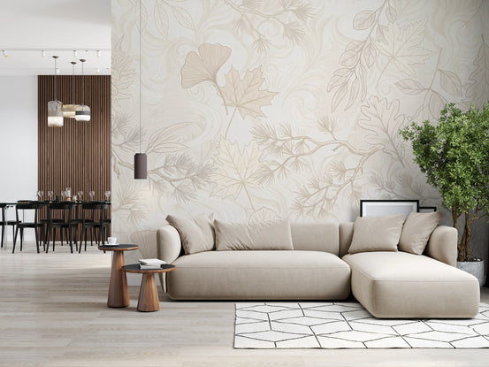 Cream Botanical Leaf Line Art Wallpaper Wall Mural