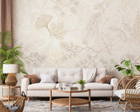 Cream Botanical Leaf Line Art Wallpaper Wall Mural