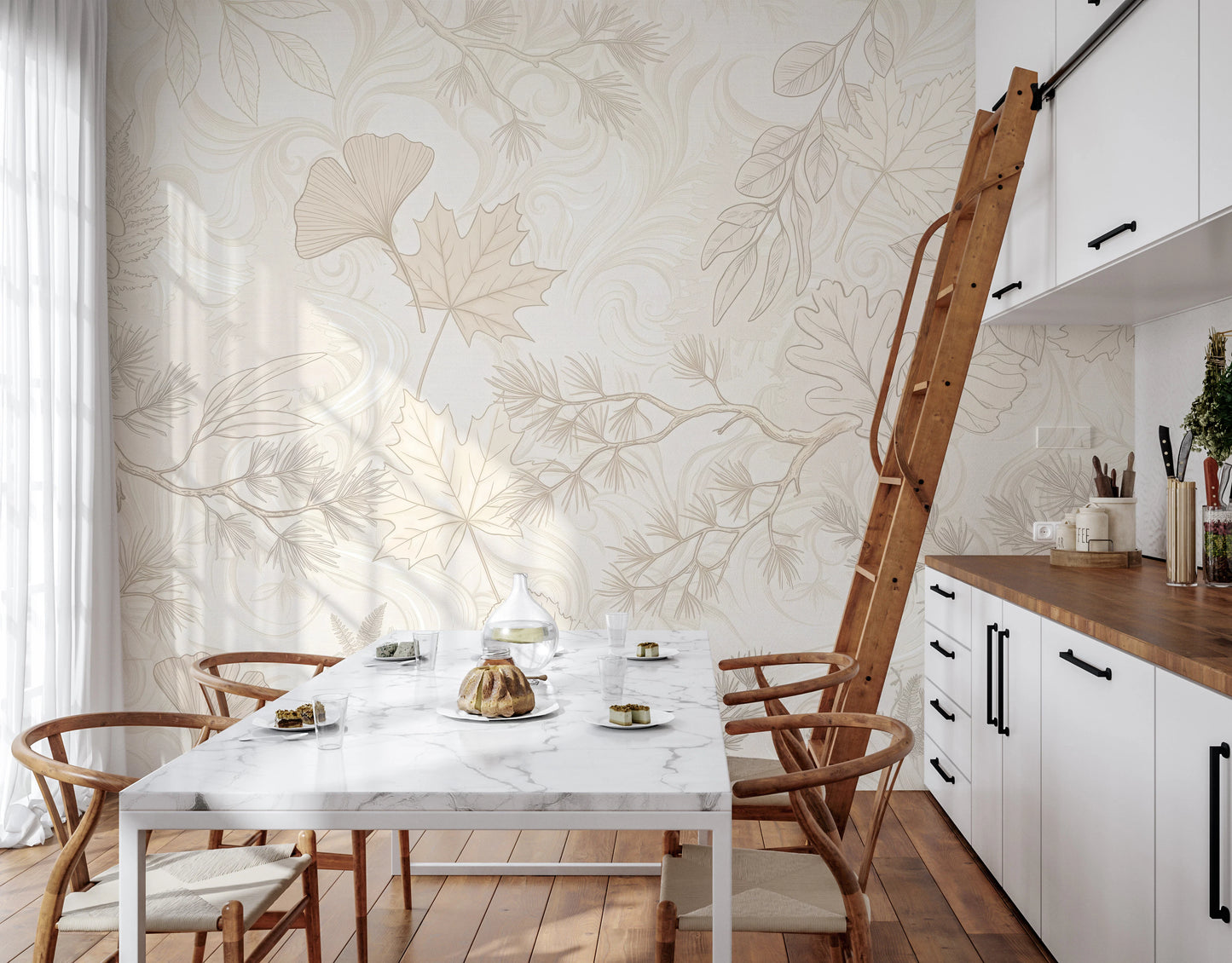 Cream Botanical Leaf Line Art Wallpaper Wall Mural