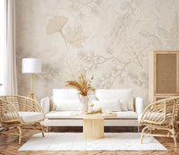 Cream Botanical Leaf Line Art Wallpaper Wall Mural