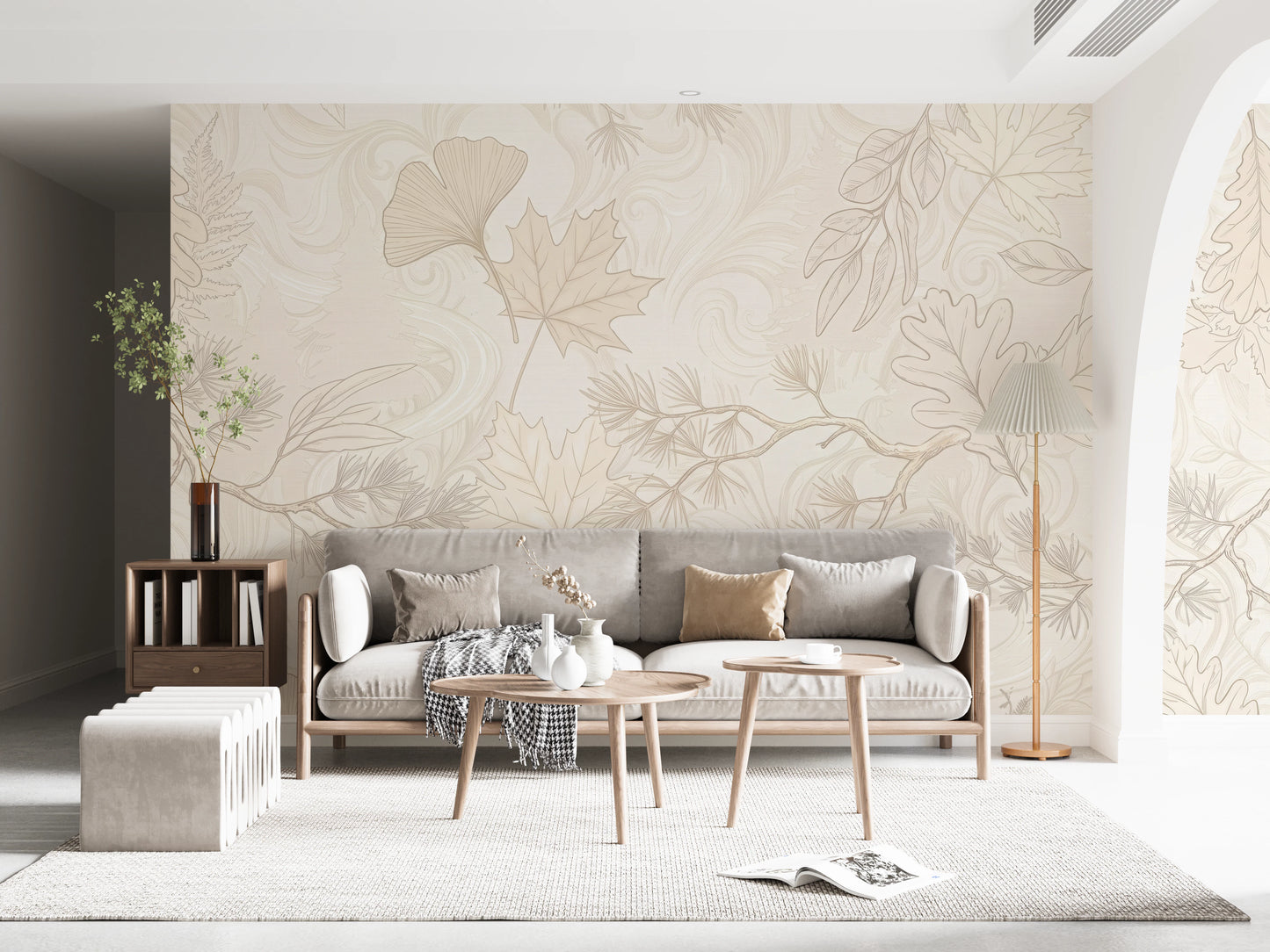Cream Botanical Leaf Line Art Wallpaper Wall Mural