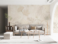 Cream Botanical Leaf Line Art Wallpaper Wall Mural