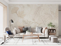 Cream Botanical Leaf Line Art Wallpaper Wall Mural