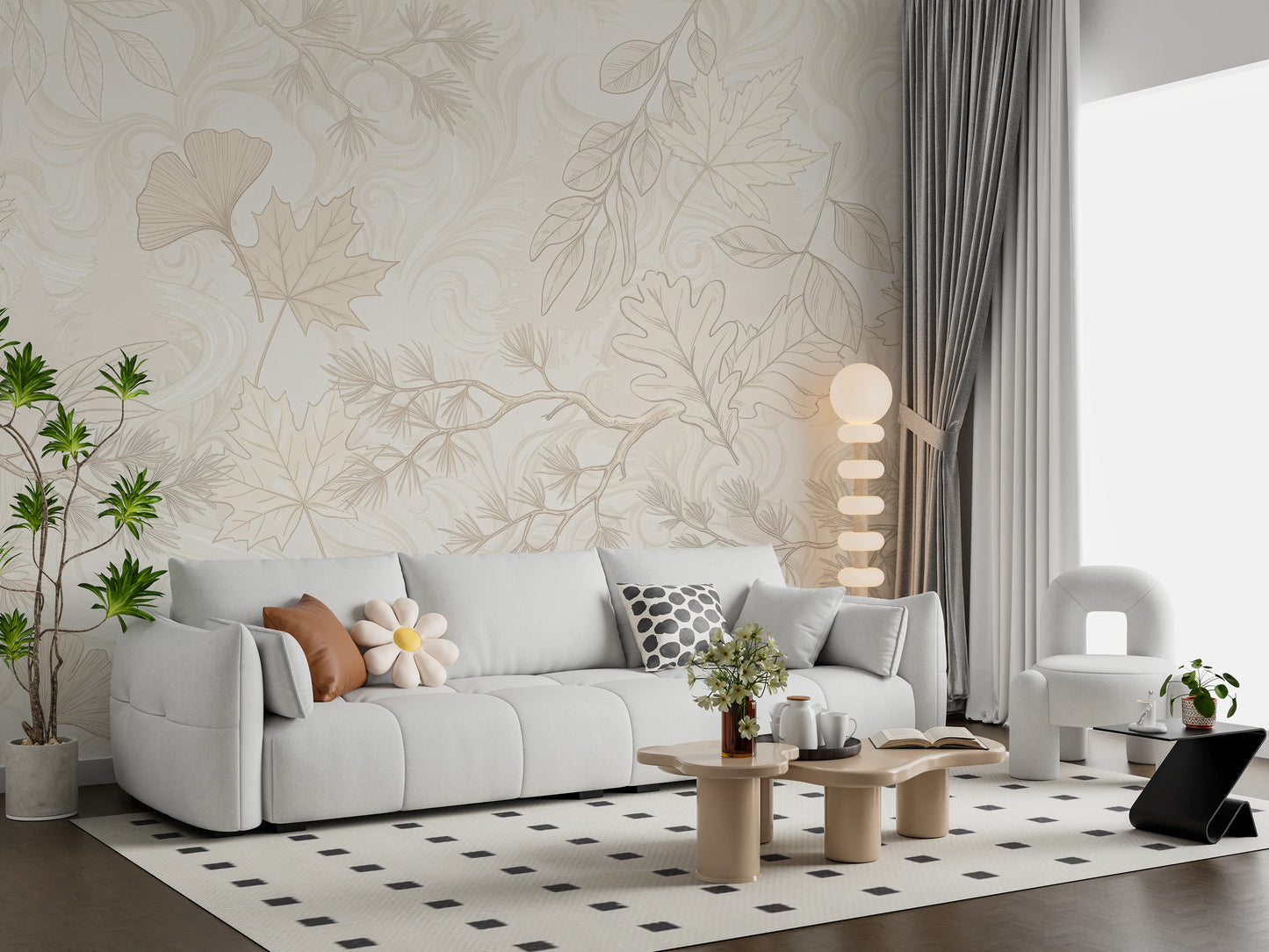 Cream Botanical Leaf Line Art Wallpaper Wall Mural