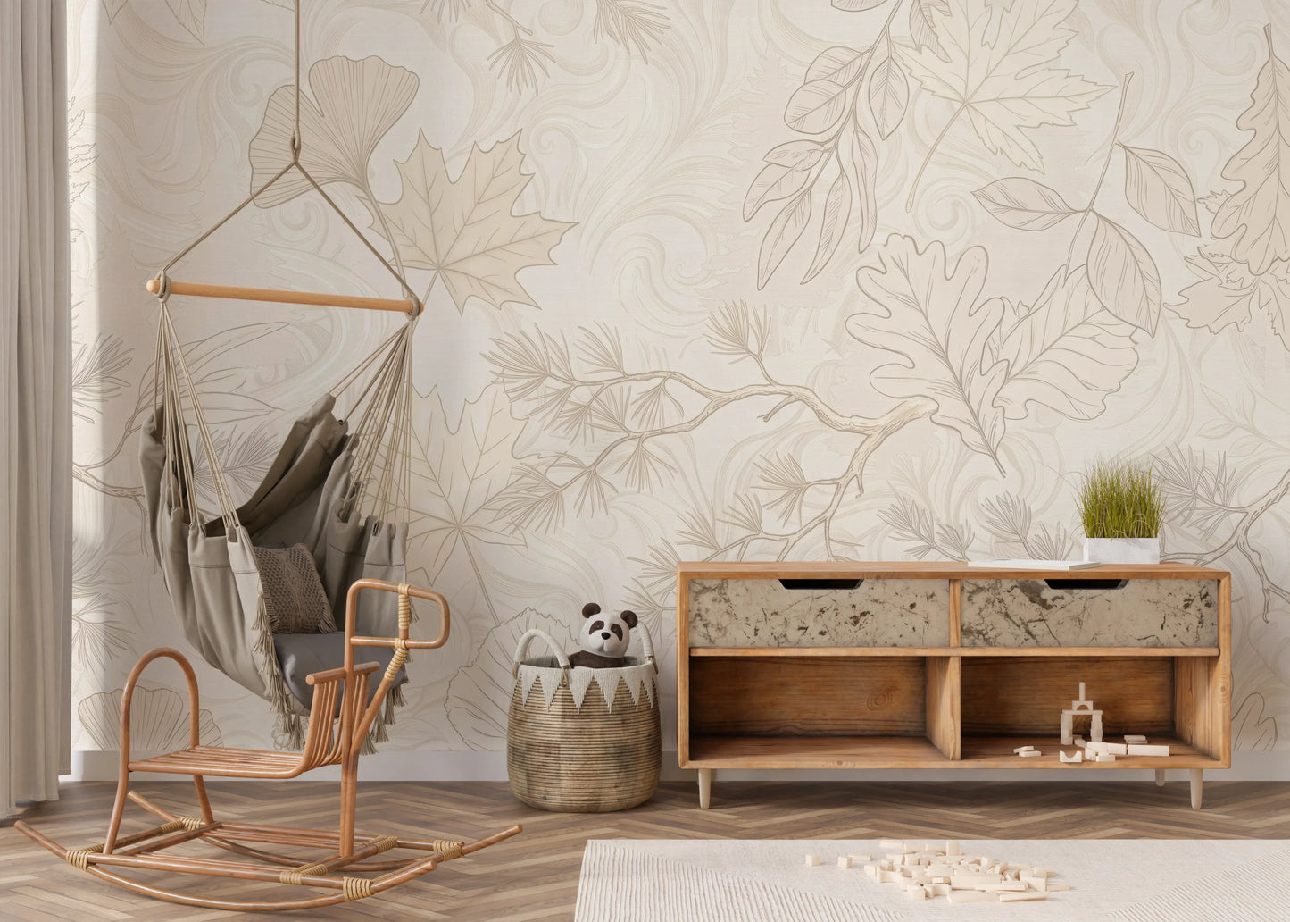 Cream Botanical Leaf Line Art Wallpaper Wall Mural