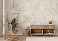 Cream Botanical Leaf Line Art Wallpaper Wall Mural